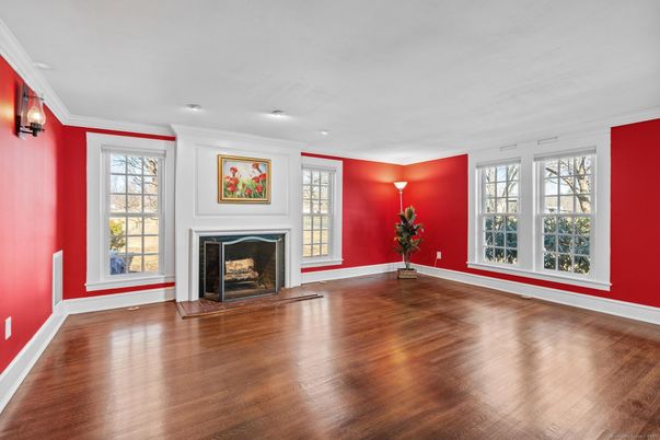 Empty room, Fireplace, Interior, Recessed Lighting, Wood Texture Flooring
