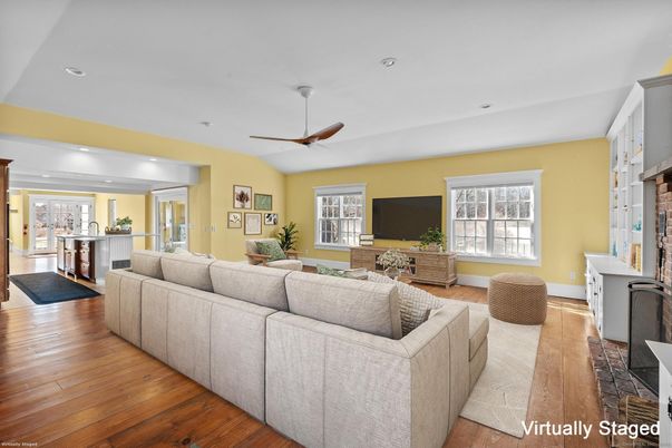 Fireplace, Interior, Kitchen, Living room, Recessed Lighting, Wood Texture Flooring