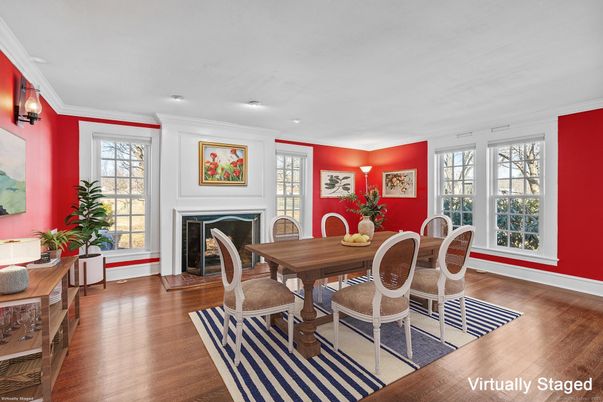 Dining room, Fireplace, Interior, Recessed Lighting, Wood Texture Flooring