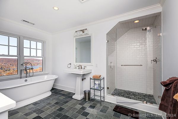 Bathroom, Free Standing Baths, Glass Shower, Interior, Recessed Lighting