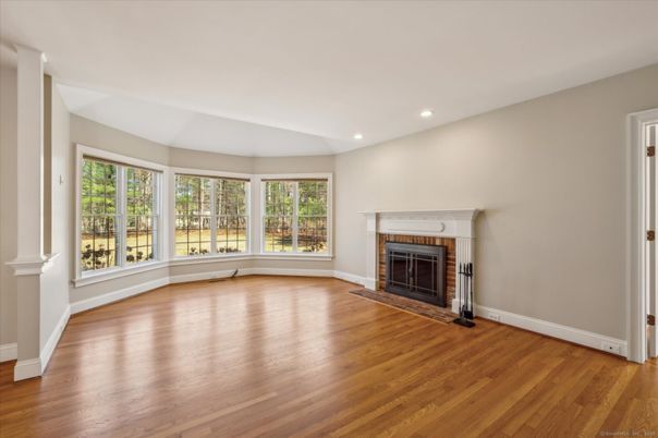 Empty room, Fireplace, Interior, Recessed Lighting, Wood Texture Flooring