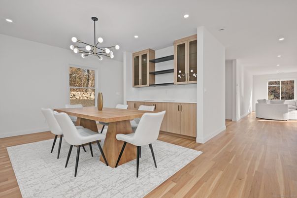 Dining room, Interior, Pendant Lights, Recessed Lighting, Wood Texture Flooring