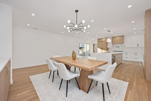 Dining room, Interior, Kitchen, Pendant Lights, Recessed Lighting, Wood Texture Flooring