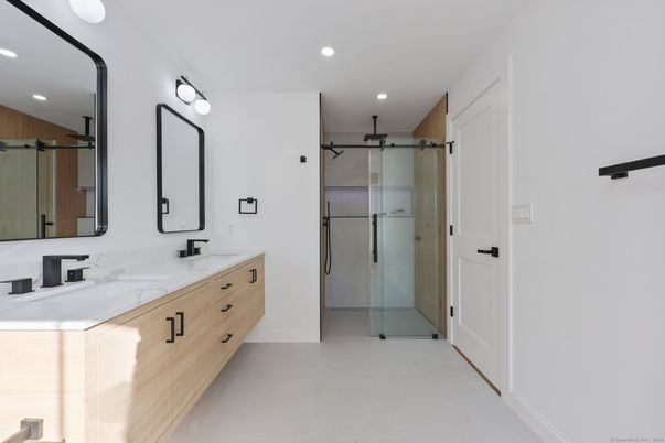 Bathroom, Dual Sink Vanities, Glass Shower, Interior, Recessed Lighting