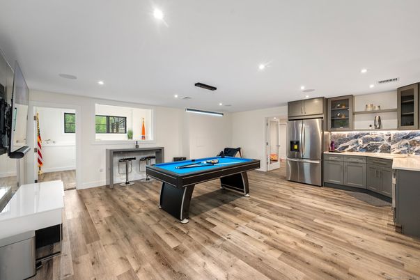Billiard Table, Game Room, Interior, Kitchen, Recessed Lighting, Stainless Steel Appliances, Wood Texture Flooring