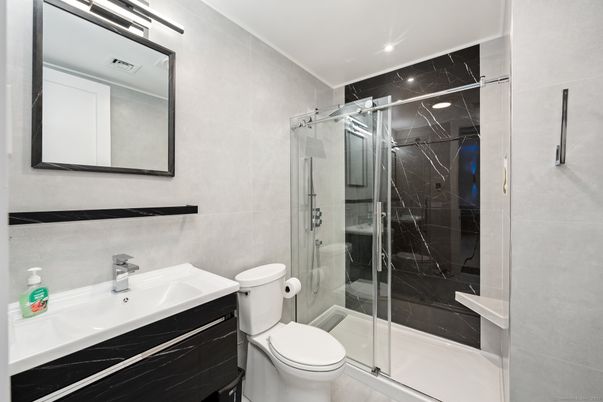 Bathroom, Glass Shower, Interior, Marble Walls, Recessed Lighting
