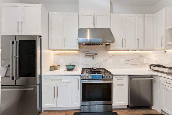 Interior, Kitchen, Marble Walls, Stainless Steel Appliances, Wood Texture Flooring