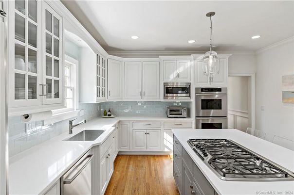 Interior, Kitchen, Pendant Lights, Recessed Lighting, Stainless Steel Appliances, Wood Texture Flooring