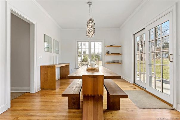 Dining room, Interior, Pendant Lights, Wood Texture Flooring