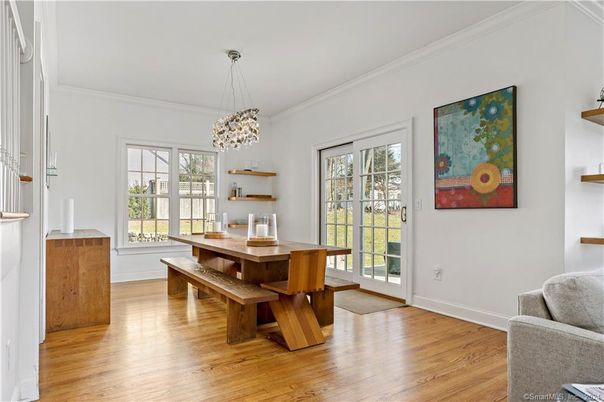 Dining room, Interior, Pendant Lights, Wood Texture Flooring
