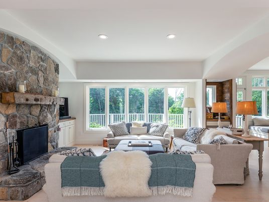 Fireplace, Interior, Living room, Recessed Lighting, Stone Walls
