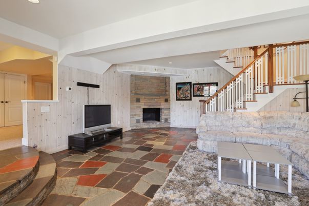 Fireplace, Interior, Recessed Lighting, Stone Walls, Wooden Walls