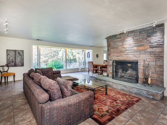 Dining room, Fireplace, Interior, Living room, Stone Walls