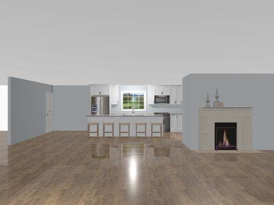 Fireplace, Interior, Kitchen, Stainless Steel Appliances, Wood Texture Flooring