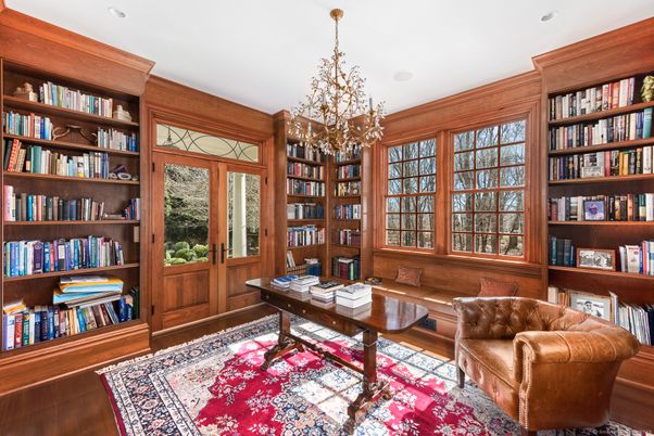 Chandelier, Home Office, Interior, Recessed Lighting, Wood Texture Flooring