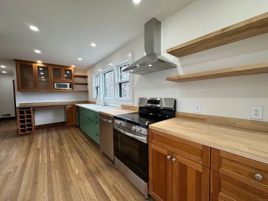 Interior, Kitchen, Recessed Lighting, Stainless Steel Appliances, Wood Texture Flooring