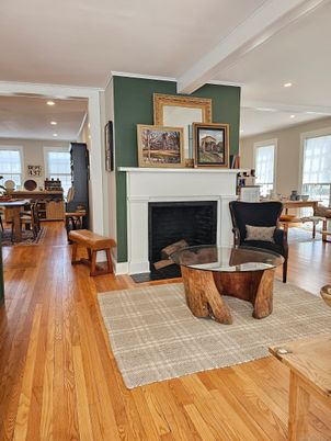 Dining room, Fireplace, Interior, Living room, Recessed Lighting, Wood Texture Flooring