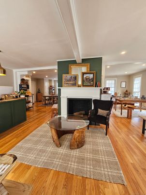 Dining room, Fireplace, Interior, Living room, Recessed Lighting, Wood Texture Flooring