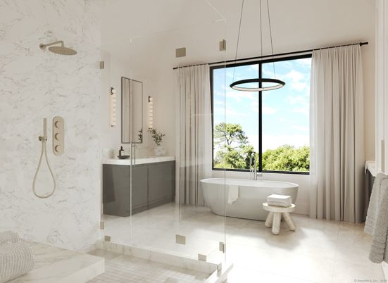 Bathroom, Free Standing Baths, Interior, Marble, Marble Walls, Pendant Lights