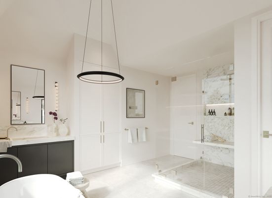 Bathroom, Glass Shower, Interior, Marble Walls, Pendant Lights