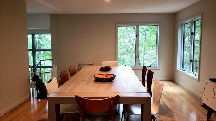 Dining room, Interior, Recessed Lighting, Wood Texture Flooring