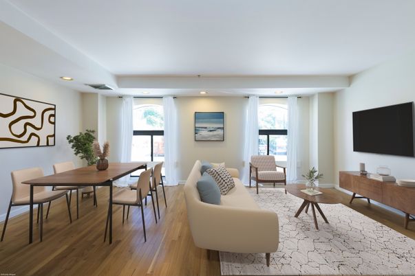 Dining room, Interior, Living room, Recessed Lighting, Wood Texture Flooring