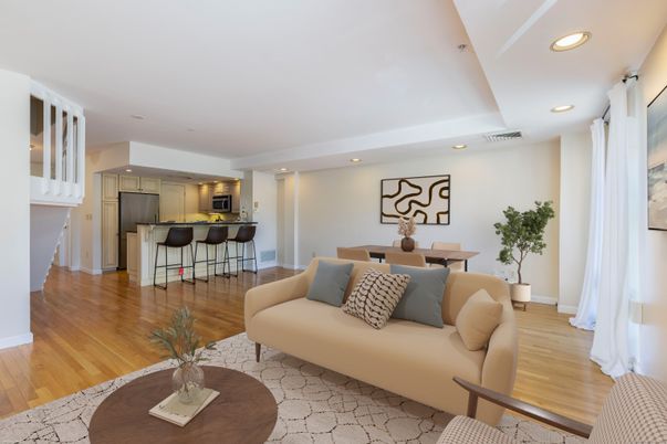 Dining room, Interior, Kitchen, Living room, Recessed Lighting, Wood Texture Flooring