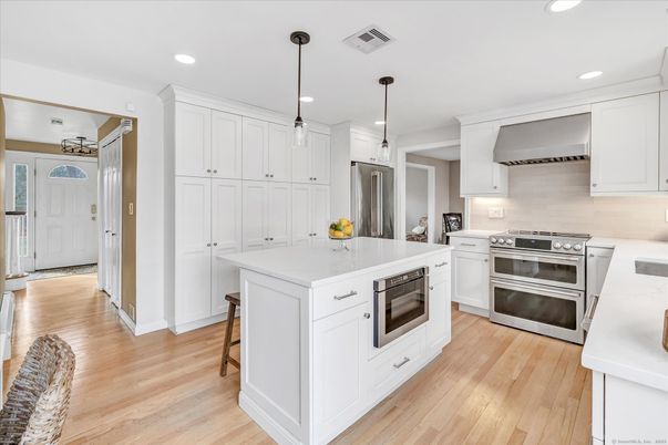 Interior, Kitchen, Pendant Lights, Recessed Lighting, Stainless Steel Appliances, Wood Texture Flooring