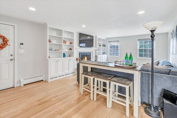 Fireplace, Interior, Recessed Lighting, Wood Texture Flooring