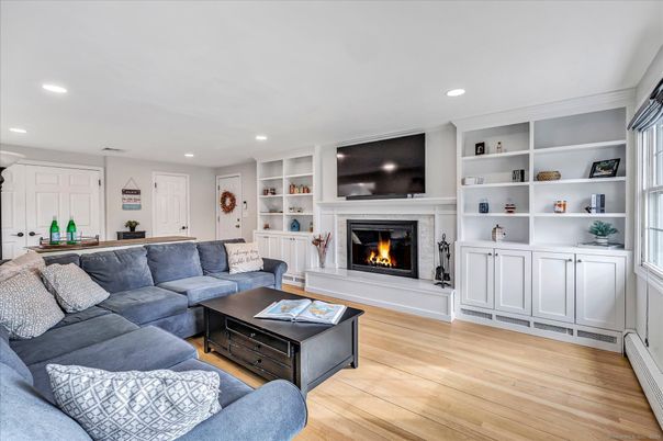 Fireplace, Interior, Living room, Recessed Lighting, Wood Texture Flooring