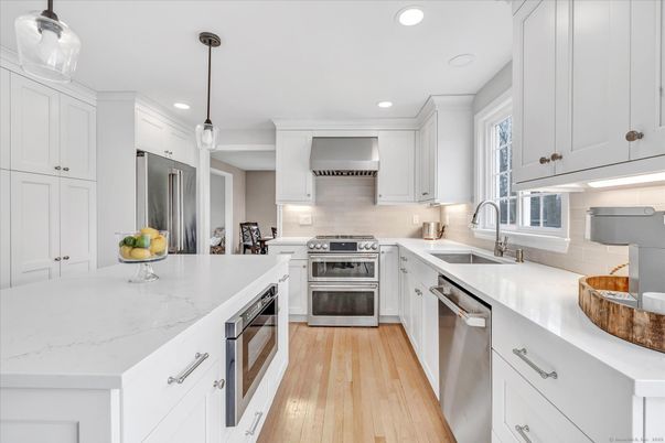 Interior, Kitchen, Pendant Lights, Recessed Lighting, Stainless Steel Appliances, Wood Texture Flooring