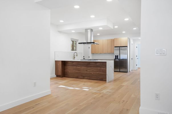 Interior, Kitchen, Recessed Lighting, Stainless Steel Appliances, Wood Texture Flooring