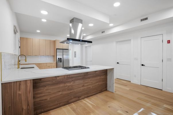 Interior, Kitchen, Recessed Lighting, Stainless Steel Appliances, Wood Texture Flooring