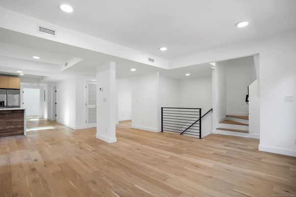 Empty room, Interior, Kitchen, Recessed Lighting, Wood Texture Flooring