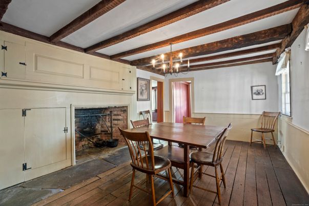 Chandelier, Dining room, Fireplace, Interior, Wooden Beams, Wood Texture Flooring