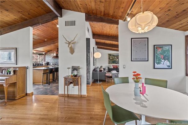 Dining room, Interior, Pendant Lights, Wooden Beams, Wooden Ceilings, Wood Texture Flooring