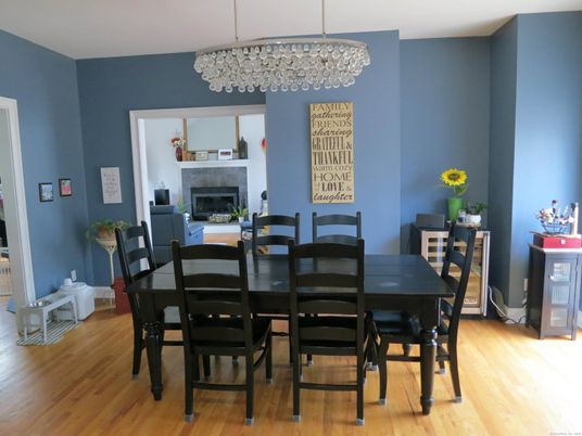 Dining room, Fireplace, Interior, Pendant Lights, Wood Texture Flooring