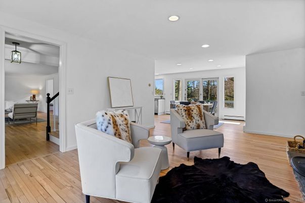 Dining room, Interior, Living room, Recessed Lighting, Wood Texture Flooring