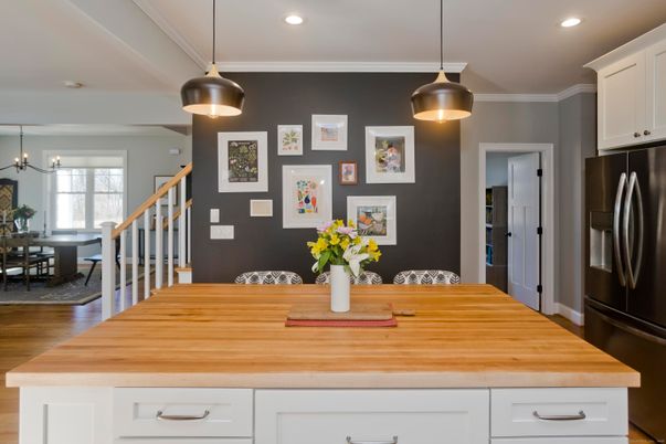 Dining room, Interior, Kitchen, Pendant Lights, Recessed Lighting, Wood Texture Flooring