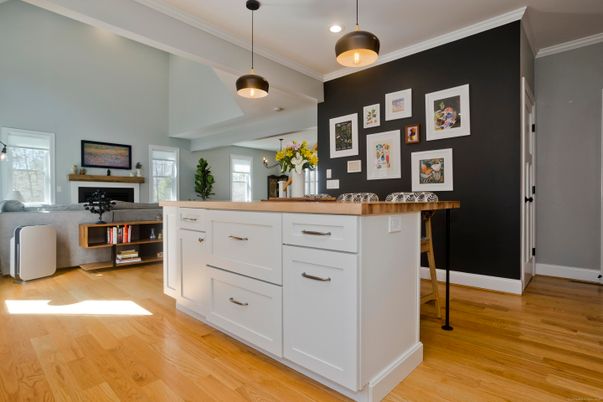 Fireplace, Interior, Pendant Lights, Recessed Lighting, Wood Texture Flooring