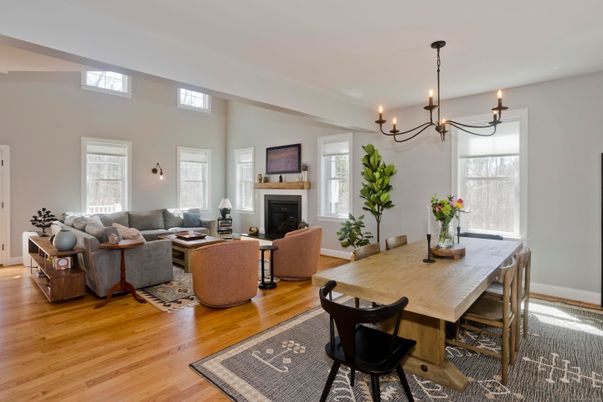 Chandelier, Dining room, Fireplace, Interior, Living room, Wood Texture Flooring