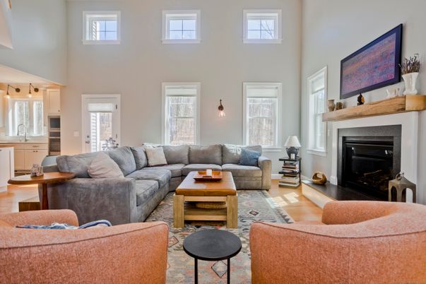 Fireplace, Interior, Living room, Pendant Lights, Wood Texture Flooring