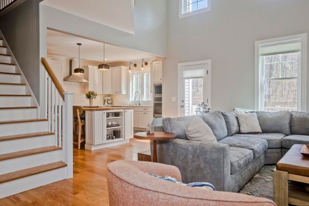 Interior, Kitchen, Living room, Pendant Lights, Wood Texture Flooring