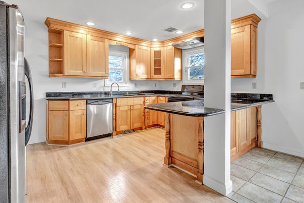 Interior, Kitchen, Recessed Lighting, Stainless Steel Appliances, Wood Texture Flooring
