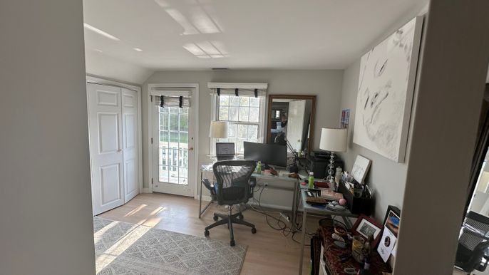 Fireplace, Home Office, Interior, Recessed Lighting, Wood Texture Flooring