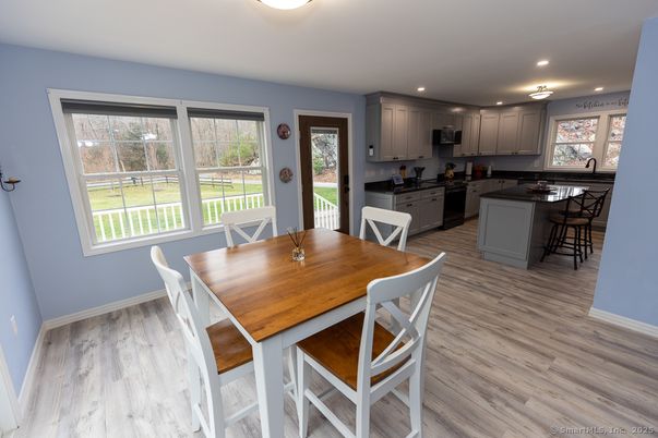 Dining room, Interior, Kitchen, Recessed Lighting, Wood Texture Flooring