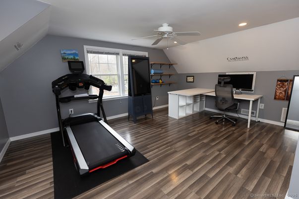 Fitness Equipment, Home Office, Interior, Recessed Lighting, Wood Texture Flooring