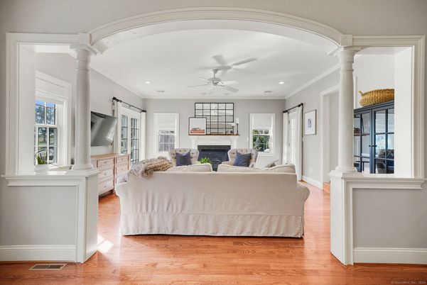 Fireplace, Interior, Living room, Recessed Lighting, Wood Texture Flooring