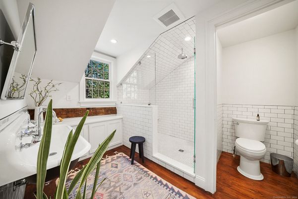 Bathroom, Glass Shower, Interior, Recessed Lighting, Wood Texture Flooring