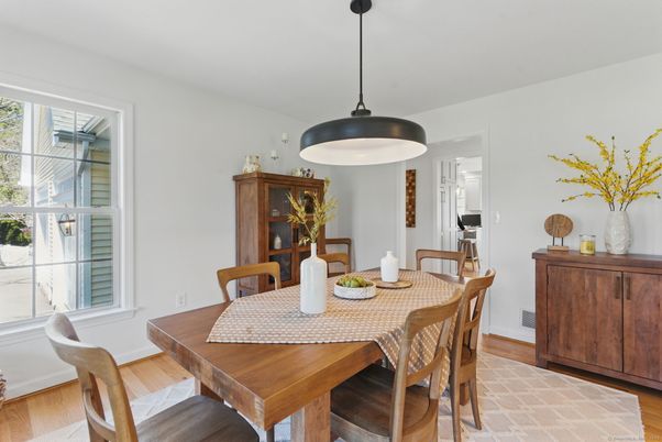 Dining room, Interior, Pendant Lights, Wood Texture Flooring